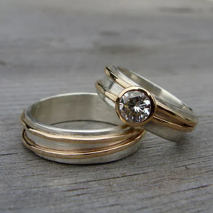 Vintage ringset in goud & zilver met zirkonia