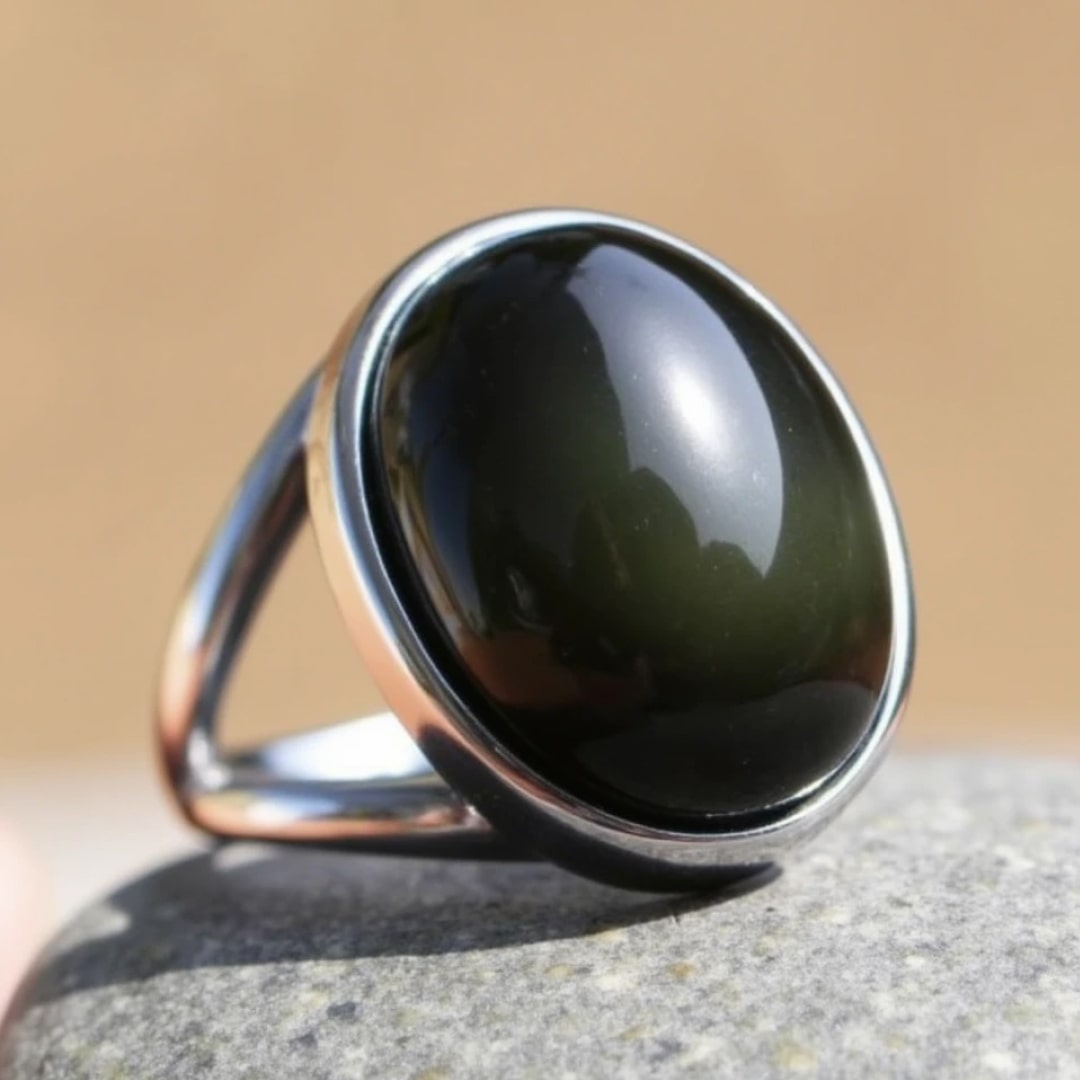Verstelbare ring “Het genezingsproces van de ziel” in obsidiaan, hemelsoog en zilver