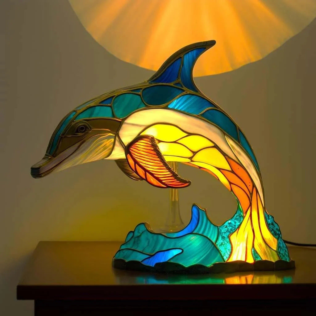 Marin – Magische dolfijnenlamp van gekleurd glas