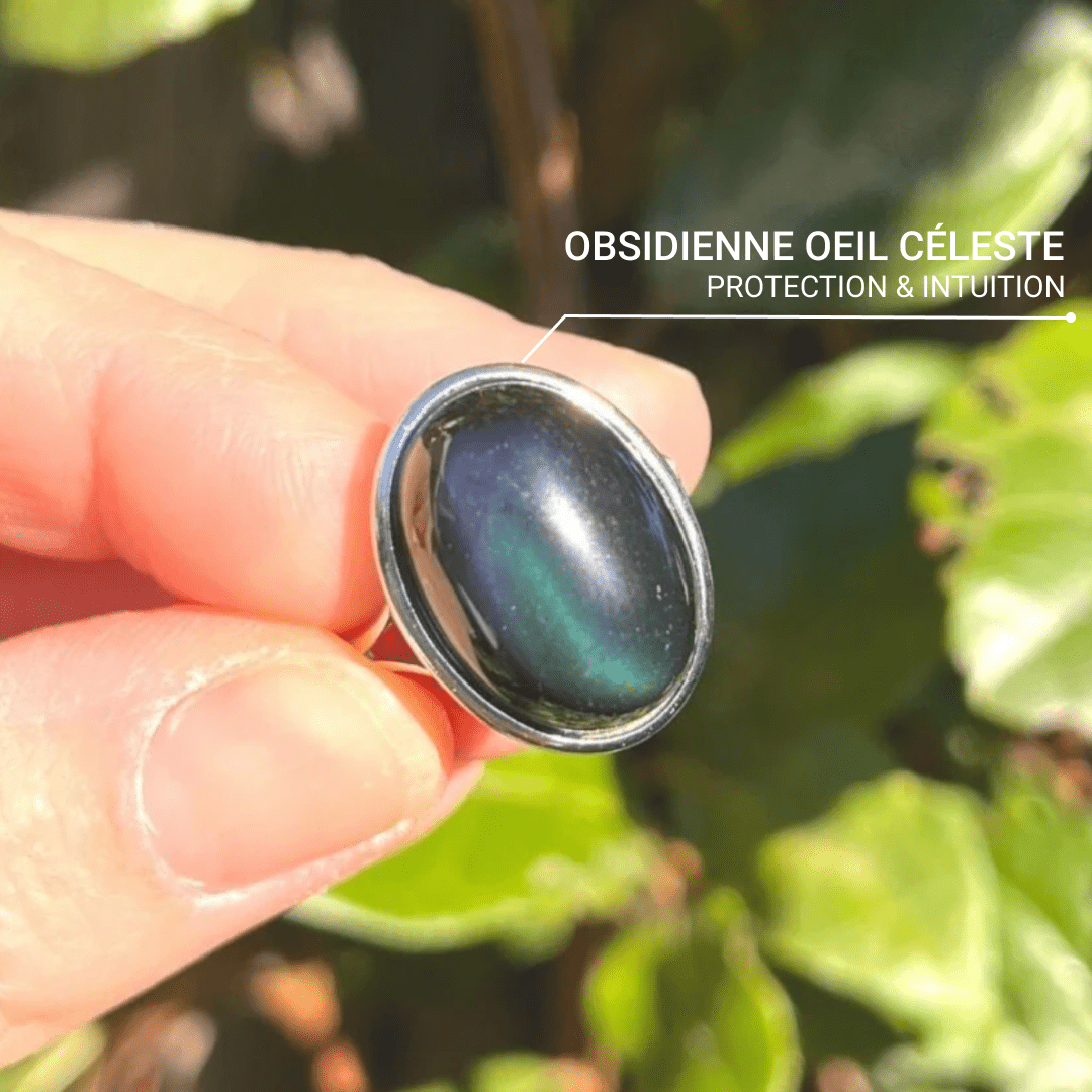 Verstelbare ring “Het genezingsproces van de ziel” in obsidiaan, hemelsoog en zilver