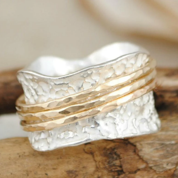 Vintage draaiende dunne ring in goud en zilver